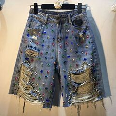 7814 ヨーロッパステーション夏服ヨーロッパ新スタイルヘビーデューティーダイヤモンドビーズハイウエストスリムリッピングストレート5点パンツミッドパンツ