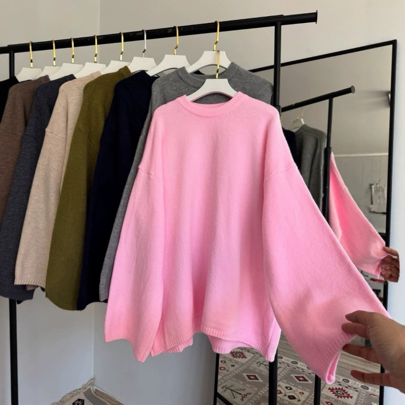 Cross-Border Foreign Trade Simple Casual Round Neck Pullover Sweater Autumn and Winter New Style Loose Soft and Elegant Knitted Top for Women Cross-Border Foreign Trade Simple Casual Round Neck Pullover Sweater Autumn and Winter New Style Loose Soft and Elegant Knitted Top for Women