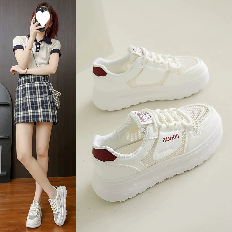 Women’s platform sneakers, breathable mesh, Korean style, white/black/red, EU 35–40