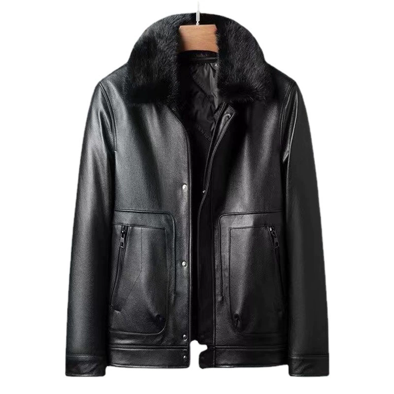 Куртка мужская из натуральной кожи (первый слой), с отстегивающимся воротником из меха норки и пуховым утеплителем, прямые поставки с фабрики. Мужская одежда из натуральной кожи, 100% натуральная кожа.