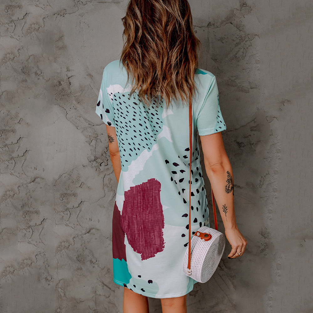 Summer Floral Print round Neck Short Sleeve Casual Dress Women