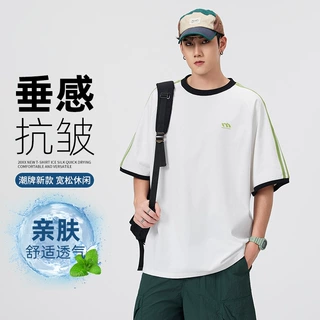 夏季条纹拼色插肩印花圆领T恤男宽松舒适简约潮流设计款吸汗透气