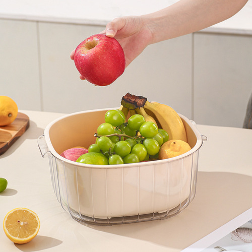 Internet celebrity double-layer drain basket vegetable and fruit washing basin cream style home kitchen plastic drip basket vegetable washing basket wholesale