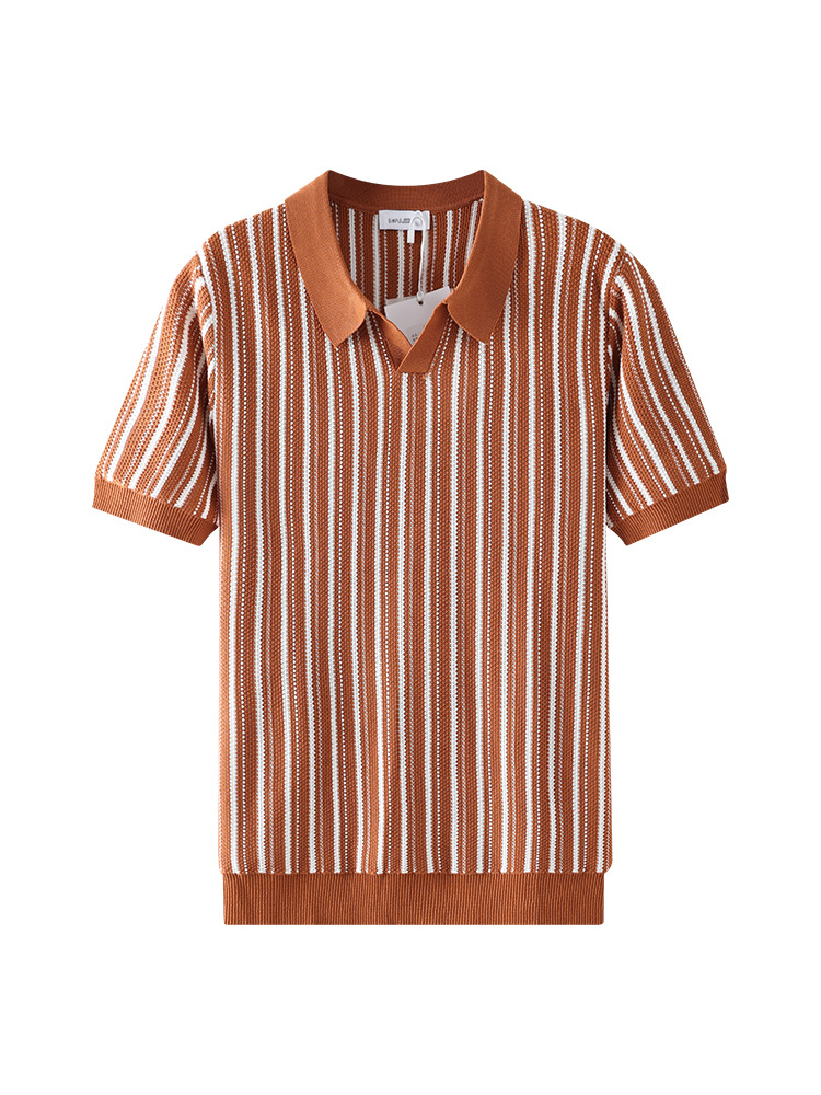 Vintage americano de punto hombre camisa de polo de hielo de manga corta con texturas verticales blindaje de cuello de verano casual hombre