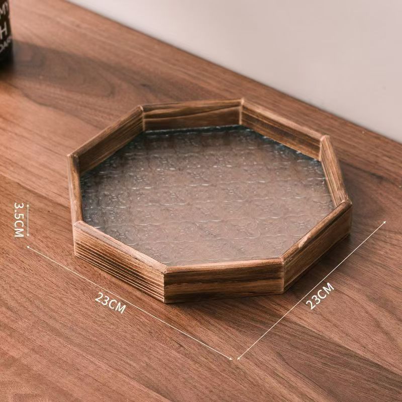 Luz de lujo retro bandeja octagonal sala de estar mesa de vidrio platos de taza de madera para el hogar bandeja de té