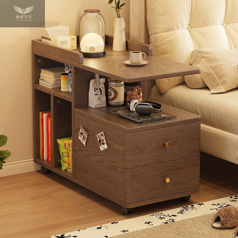 Mesa de té de lujo ligera con ruedas, estante de almacenamiento al lado de la cama, carro de madera sólida, tabla lateral móvil, sofá, gabinete lateral