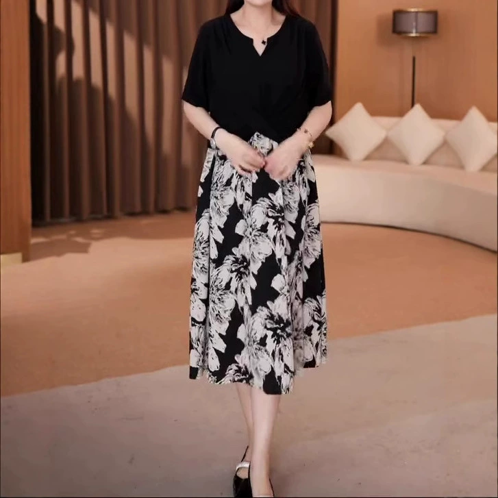 Летнее платье 2025 года в европейском стиле: легкое и элегантное, с принтом, из шифона, для молодых мам, стройнящее, для женщин plus size.