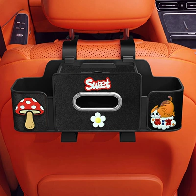 Car tissue box/set | with cup holder, cute cartoon - sweet-4-in-1-seat-storage-box-4th-generation-black