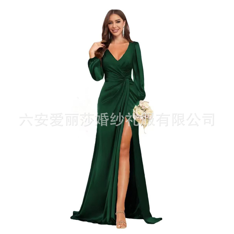 Amazon European and American Export Long-Sleeved Satin Evening Dress Sexy Backless V Neck High Slit Prom Dress