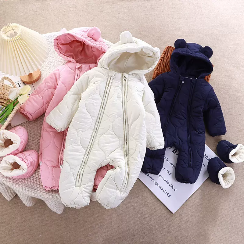 婴幼儿连体衣秋冬款男女宝宝冬季哈衣双拉链带脚套外出连帽爬爬服