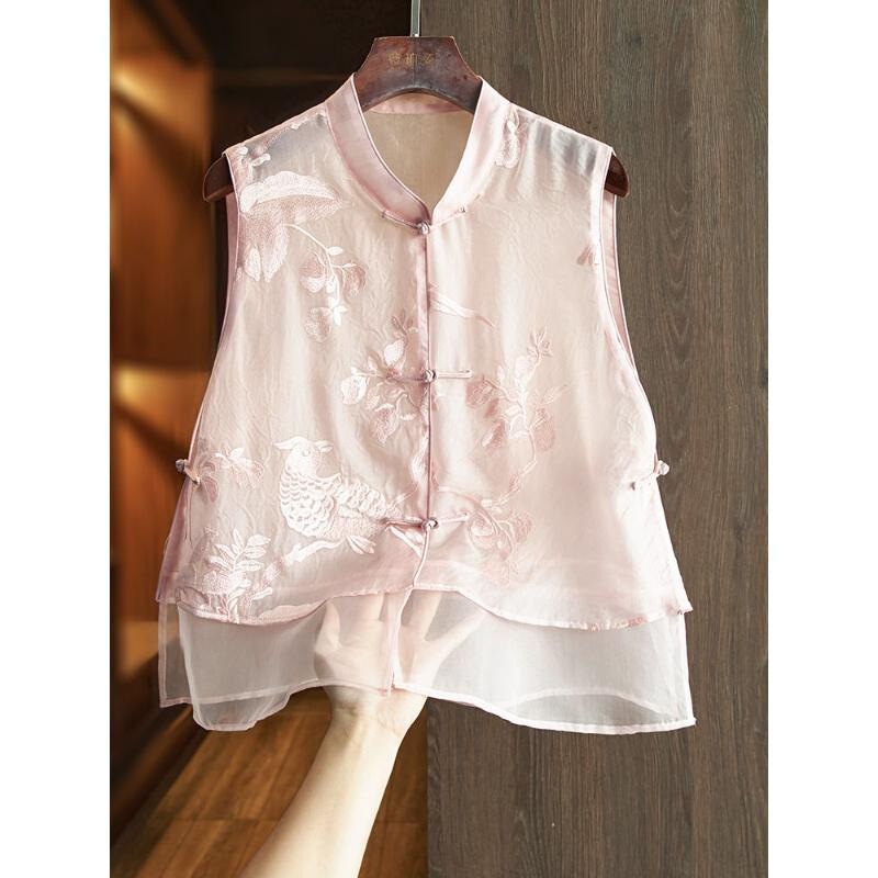 High-End Chinese Style Super New and Beautiful Chinese Style Women's Embroidered Chinese Style Summer Heavy-Duty Thin Tops and Thin Vests Khaki Style