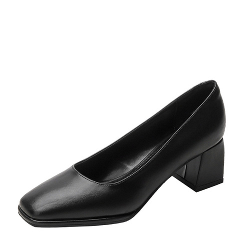 Women's Black Medium Heel Square Toe Comfortable Thick Sole Soft Leather Flat Shoes Office Professional High Heel Women's Shoes
