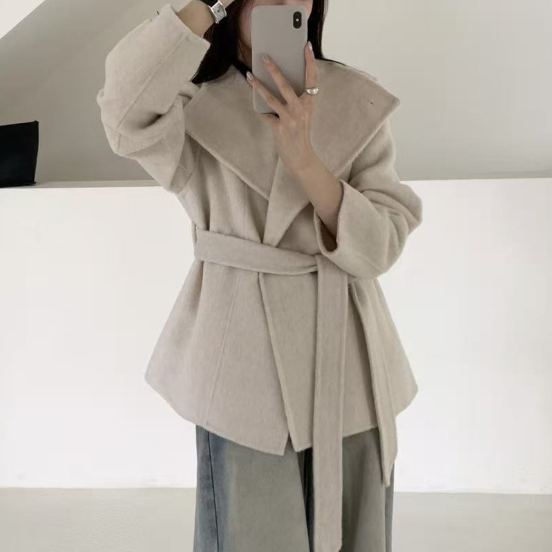 韩版高级感立领小个子毛呢外套女秋冬新款系带收腰复古简约上衣|undefined