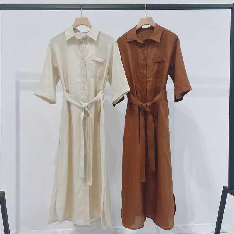 Max 26 New Style Waist-Cinching Linen Short-Sleeve Dress for Women, Suitable for Work and Casual Wear, Long Shirt Dress for Summer