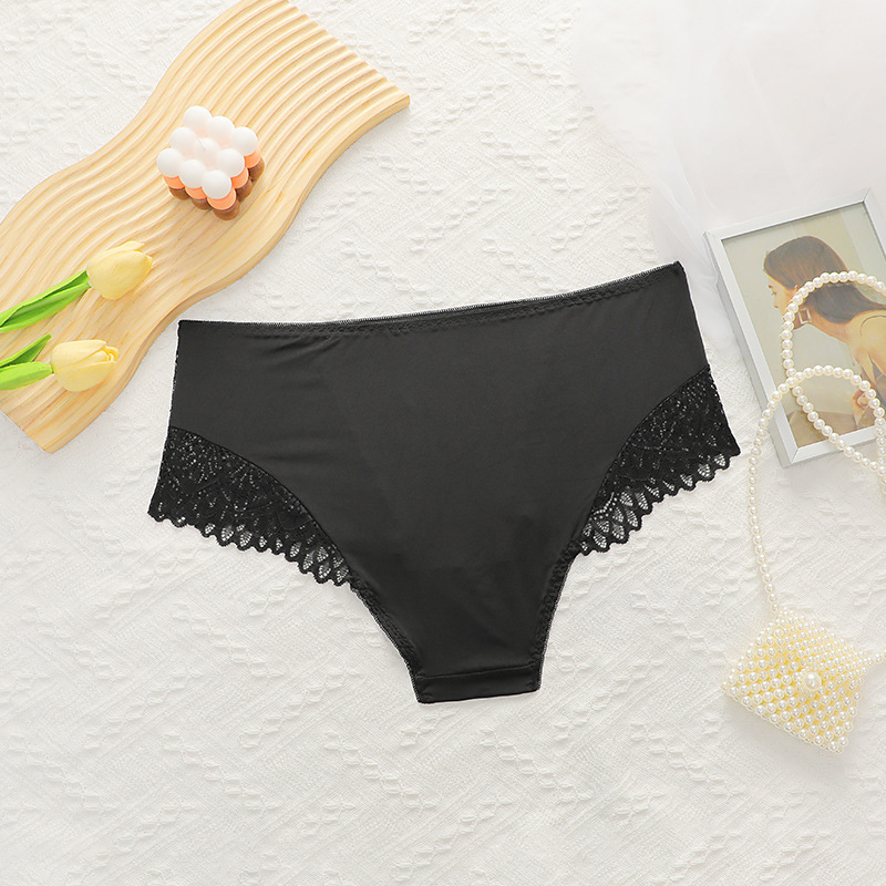 Solid Color Lace Seamless Mid Waist Briefs Panties display picture 5