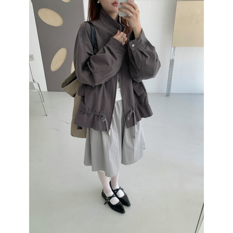 Gagd Drawstring Floral Design Stand-Collar Jacket for Women, Korean Style Washed Loose Low-Waist Silhouette Windbreaker Jacket