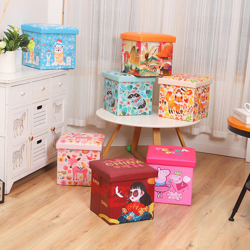 Factory direct sale square leather printed cartoon multi-function folding children's toy storage stool