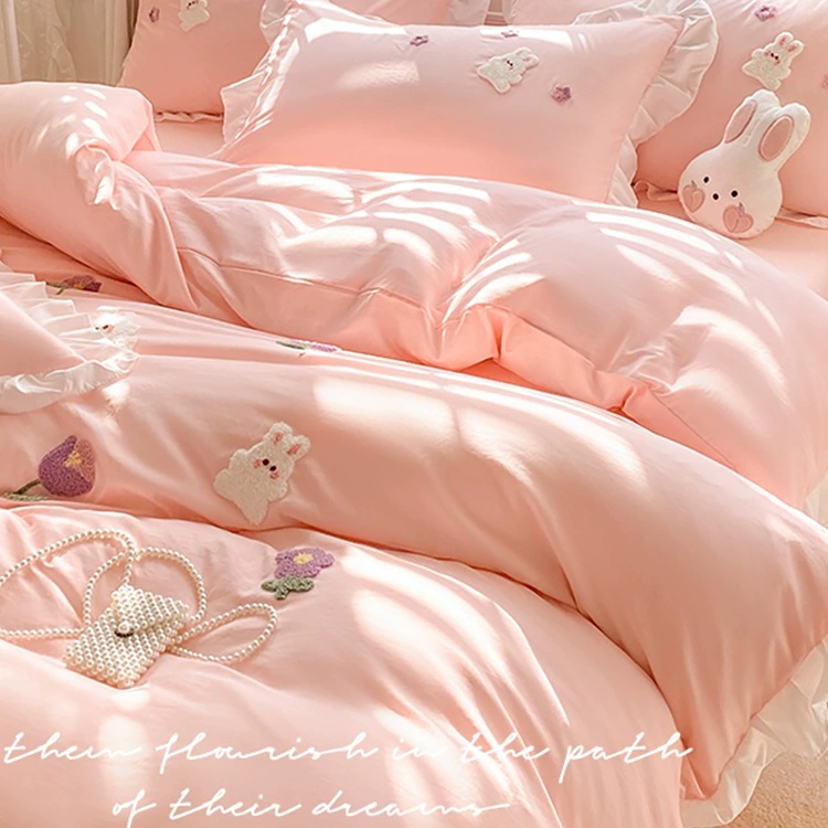 Стиль принцессы, стираная хлопковая кровать, комплект из трех или четырех предметов, пододеяльник, простыни, студенческое общежитие, молочный коралловый бархат, кровать J ^