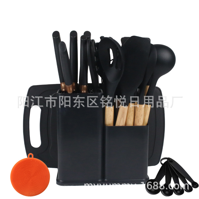 Cuchara de silicona con mango de madera, juego de utensilios de cocina, combinación de cuchillos, cuchara resistente a altas temperaturas, sartén antiadherente, cubo de almacenamiento, juego de 25 piezas para el hogar