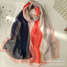 2022新款春秋薄乔琪纱女色块印花长条防晒沙滩巾披肩围脖夏季韩版