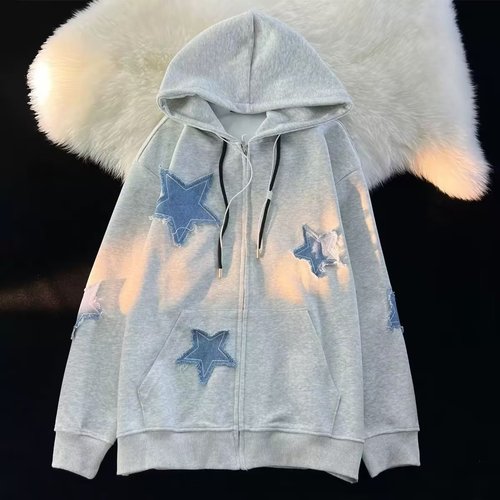  American Retro Patchwork Star Cardigan Sweatshirt for Men and Women Loose Oversize Trend Brand Ins Jacket