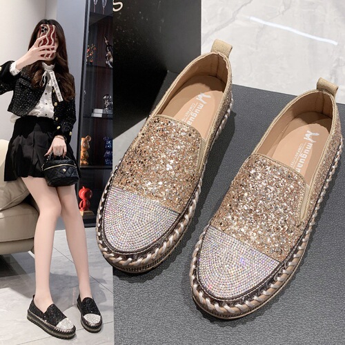 Women's New Spring Overseas Trade Loafers with Thick Soles, Flat, Water Diamond Fashion Sneakers