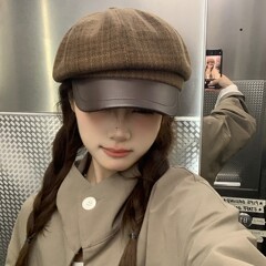 日系复古毛呢八角帽子女秋冬文艺报童帽子休闲百搭格纹贝雷帽子女