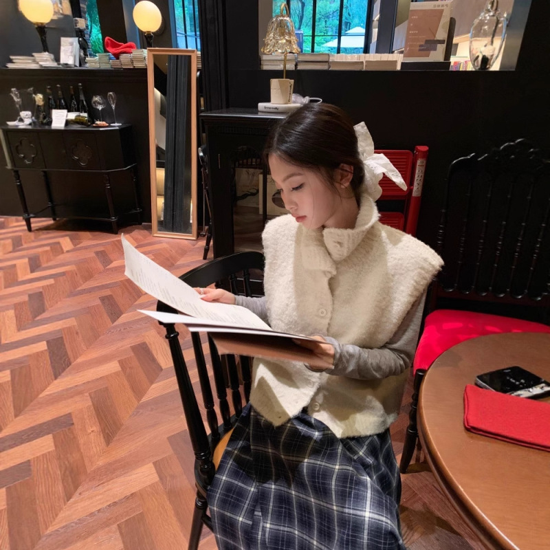 实拍 韩国chic宽松休闲高领毛衣马甲不规则半身裙送腰带套装89324|undefined