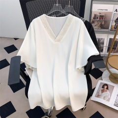 Vネックシフォン新作プラスファットプラスサイズスリムルーズミドル丈半袖Tシャツ女性用200/300/350ポンド9119