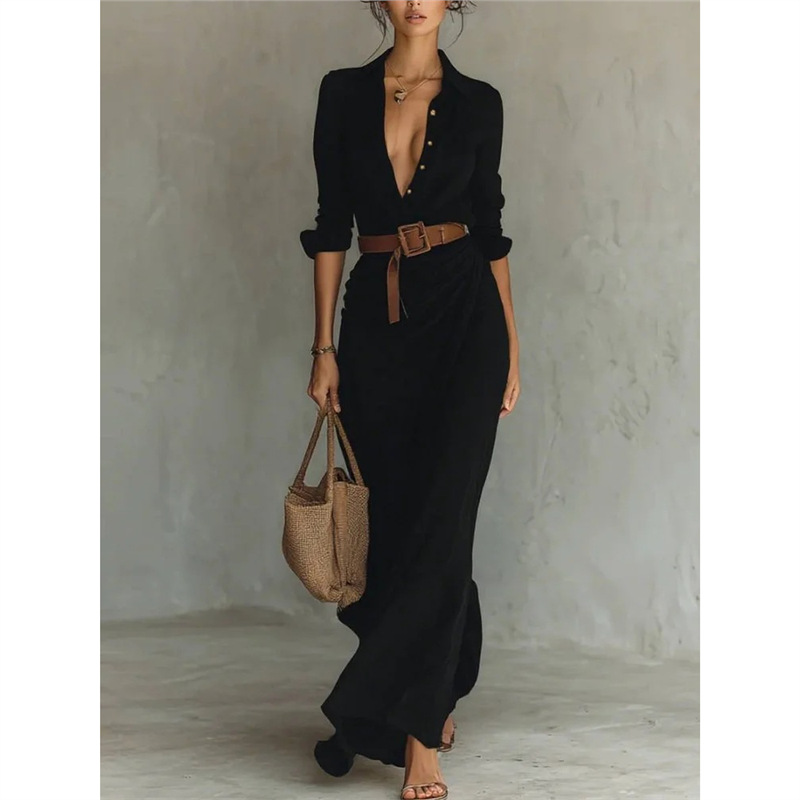 Women's Spring And Autumn Elegant Solid Color Irregular Pleated Dress With Belt_ecoleips.com