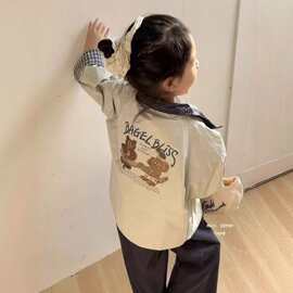 女童韩系长袖衬衫春秋款卡通小熊印花翻领外套儿童百搭休闲上衣