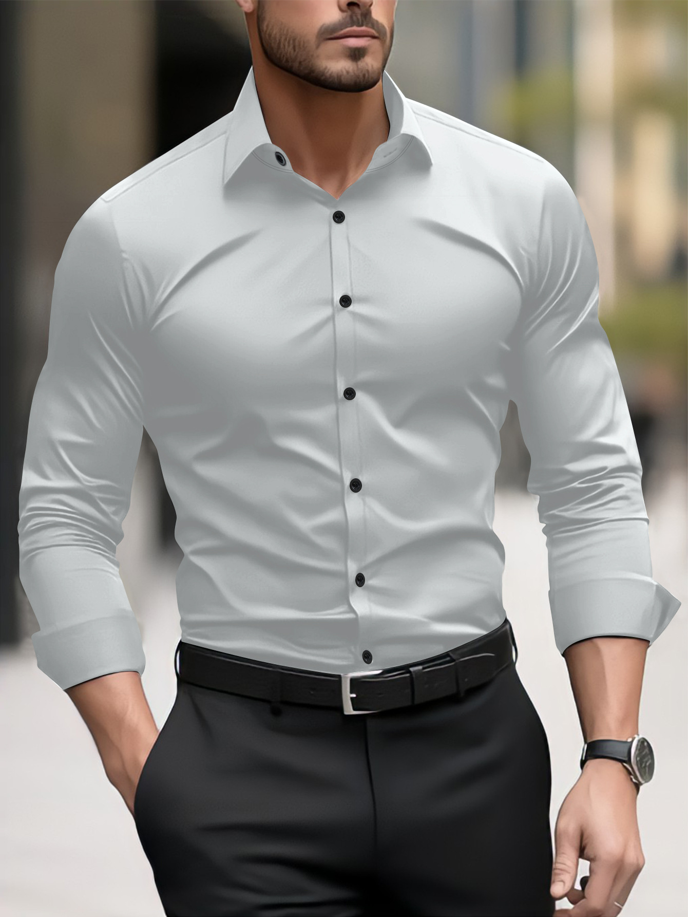 Men's Clothing Fashion Business Casual Pigment Men's Long Sleeved Shirt Red_voghion.com
