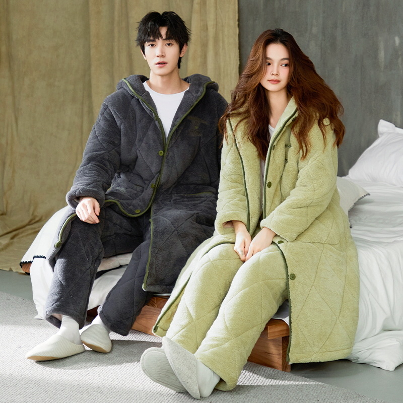 Super grueso chaqueta de algodón de tres capas, pijama de pareja de mujer, ropa de hogar de hombre, otoño y invierno, terciopelo de coral, calentamiento más grueso