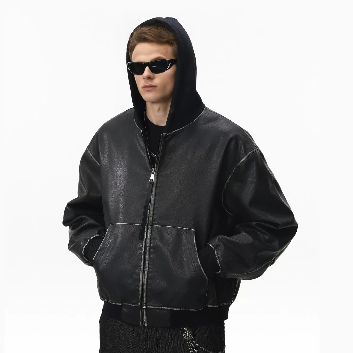 捷展男装|Boxy洗水皮夹克25冬季新品美式街头做旧拼接连帽外套男