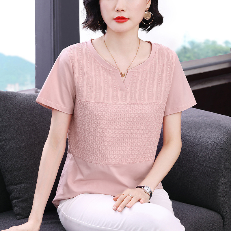 2026 New Style Small V-Neck Short-Sleeved T-Shirt Large Size Pure Cotton Women's Top Mom's Casual Patchwork Embroidered Solid Color