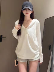 白色连帽长袖T恤秋季防晒罩衫女2025早秋新款休闲轻薄空调衫上衣1