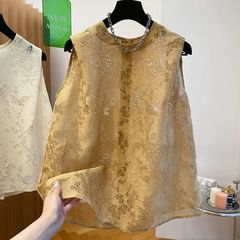 女性のためのハイエンドリネンとラミーノースリーブトップ 2025 新しいスタイル中空レースジャカード美しい西洋スタイルの小さなシャツとベスト
