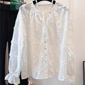 白色刺绣蕾丝花朵长袖衬衫上衣女娃娃衫宽松2023夏新款女装防晒