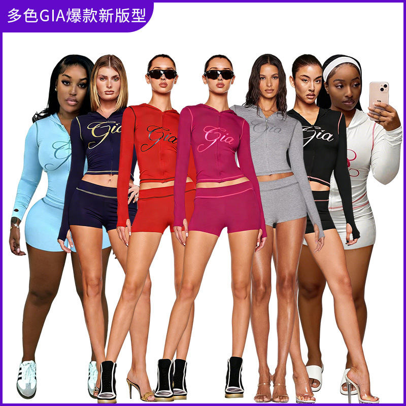 European and American Explosions Cross-border Fashion Retro Printed Slim-fit Elastic Hooded Sports Long-sleeved Jacket Shorts suit Women