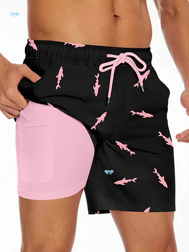 men's Shark Pattern 2 In 1 Board Shorts With Drawstring And