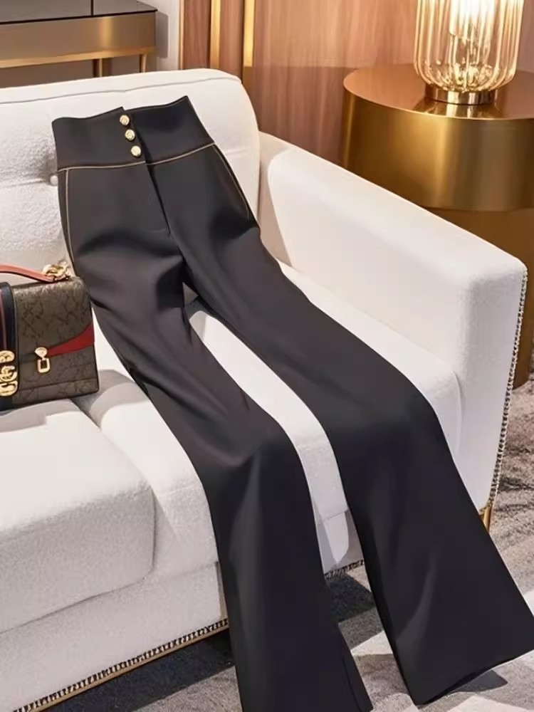 Black Women's High-waisted Straight Leg Trousers Flared Design_voghion.com