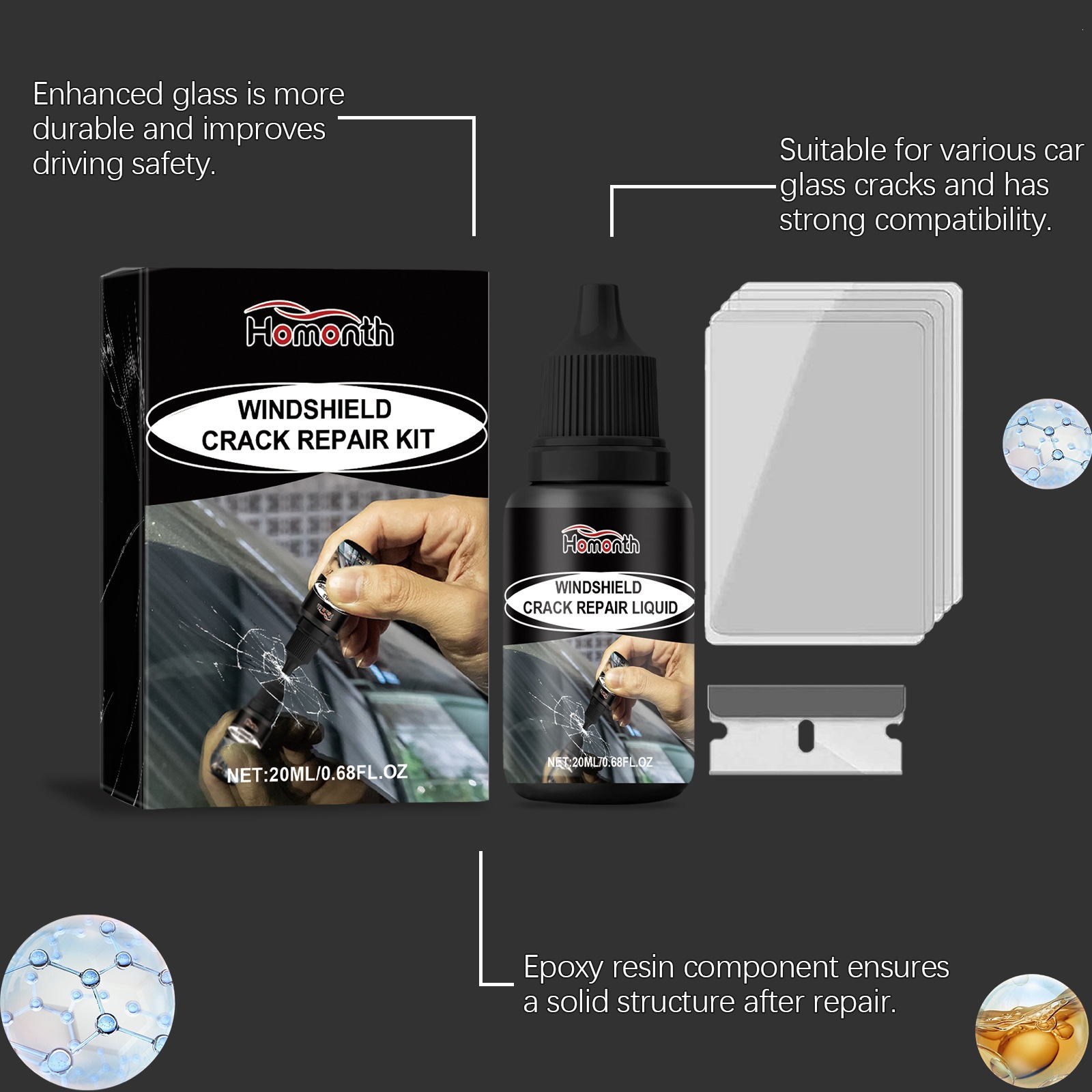 HOMONTH Car Windshield Care Solution Car Glass Cleaning and Crack Repair Agent for Clear Vision