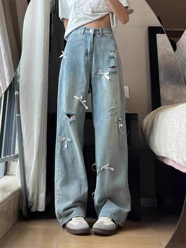 大码破洞牛仔裤女秋季2025新款胖mm宽松显瘦高腰直筒阔腿拖地裤子|undefined