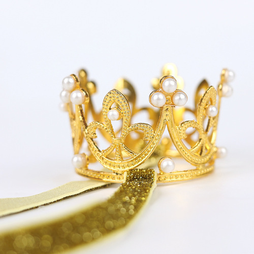 Wholesale European and American children's headwear, baby pearl crown, gold and silver alloy birthday headband, elastic smart band, crown hairband