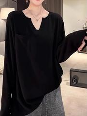 中长款棉V领长袖T恤女2025早秋新款大码胖mm宽松设计感打底上衣