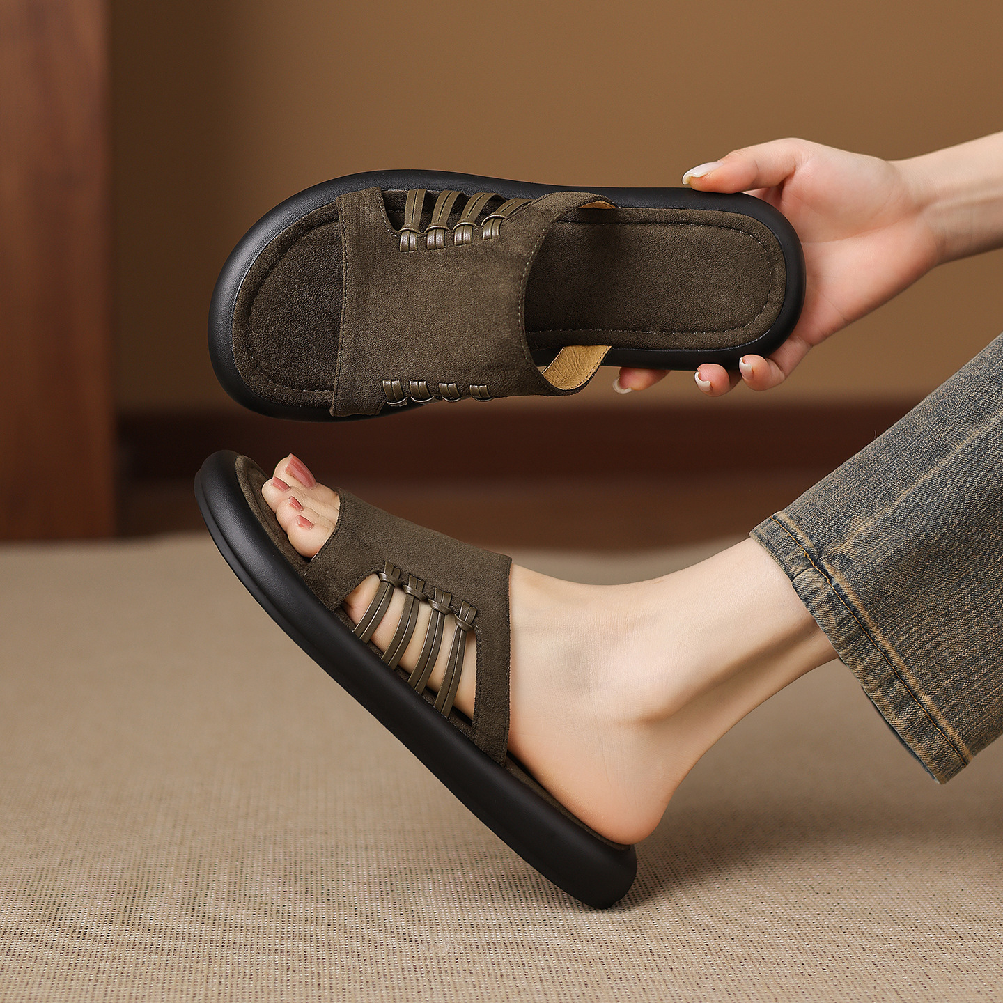 Dép sandal nữ đế dày hở ngón quai chữ V phong cách vintage — Màu xanh da trời
