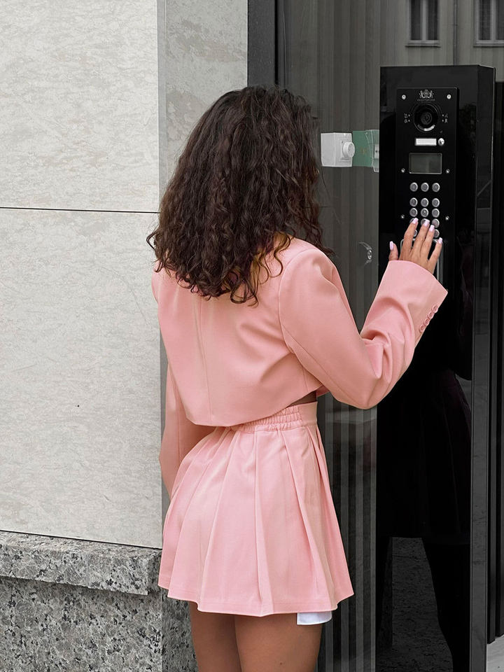 Bộ vest blazer dáng ngắn cổ ve áo kèm chân váy siêu ngắn dài tay — Màu hồng, Màu hồng nhạt, Màu đen, Tất cả các màu đều có trong kho, size L trọng lượng: 670g chi tiết 47