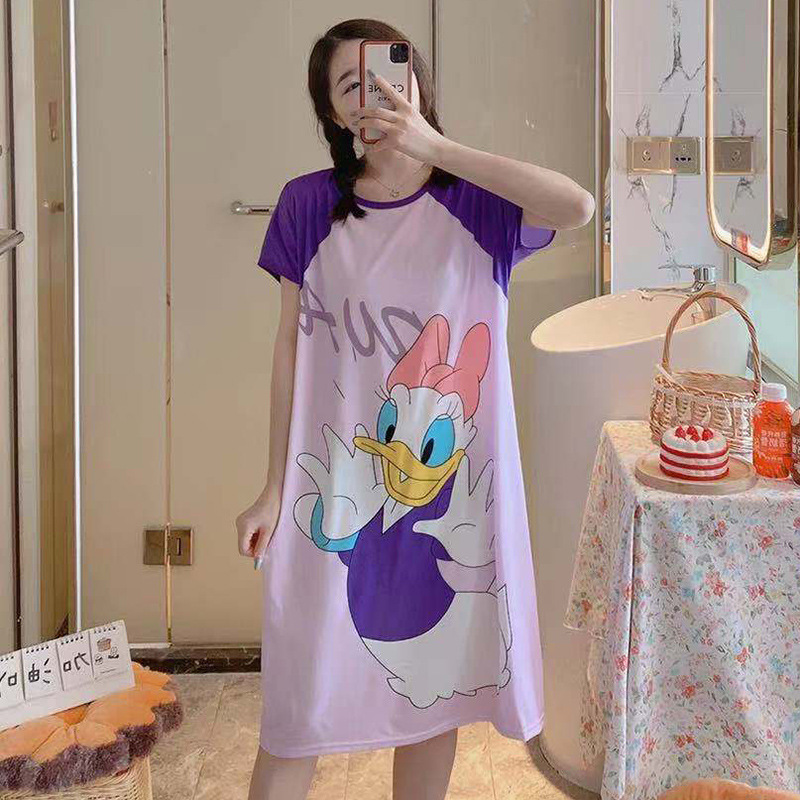 Pijamas de las mujeres de verano manga corta transpirable de dibujos animados delgada camisón suelto perezoso de las mujeres de longitud media de la fábrica al por mayor puede ser enviado en nombre