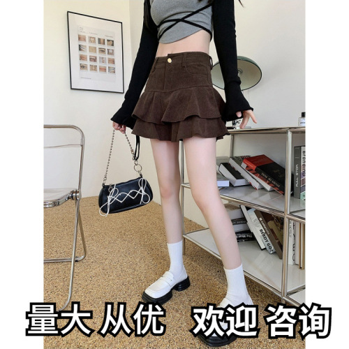 Fish Tail Skirt Semi-Annual Women's Autumn/Winter High-Waist Petite Double Layer A-Line Fluffy Corduroy Short Skirt