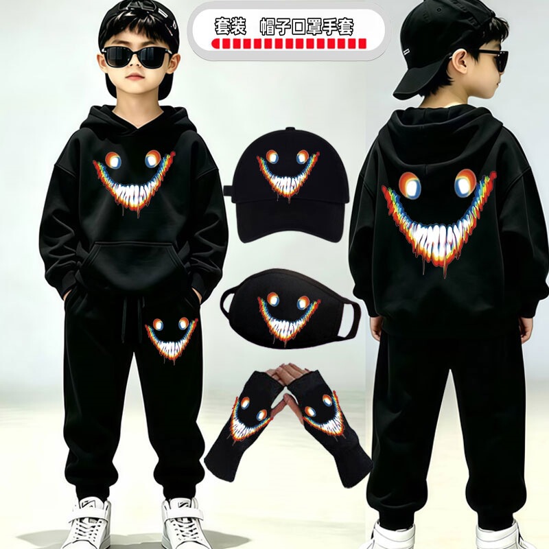 Backrooms-themed round-neck sweatshirt, featuring a smiling student design, with a hood, suitable for sports and casual wear for children